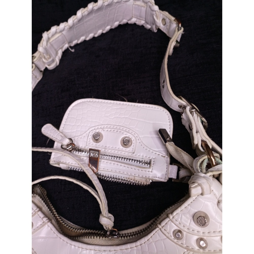 White‎ Croc Embossed Studded Shoulder Bag with Coin Pouch Y2K Style Moto Purse - Picture 2 of 5